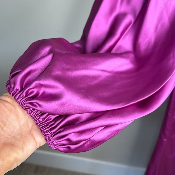 NWT IEENA for MAC DUGGAL Orchid One Shoulder Satin Puff Sleeve Side Ruched Gown - Picture 5 of 13